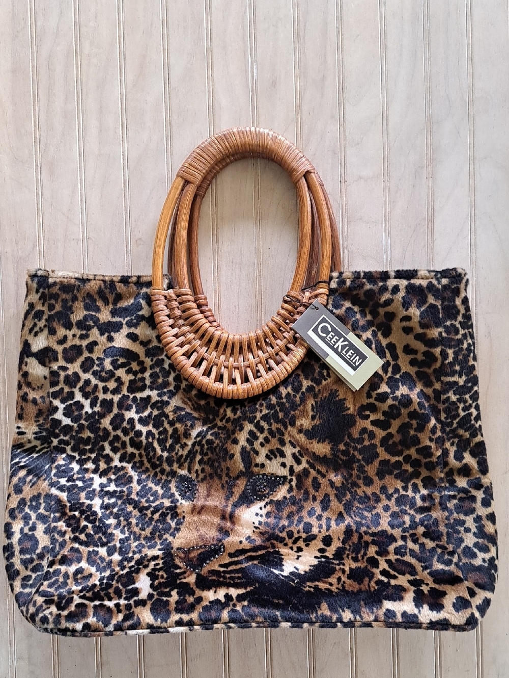 NWT Ceeklein Leopard Print Faux Fur Tote Woven Bamboo Handle Statement Bag
